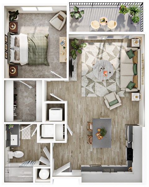 Floor plan for 1 bed, 1 bath, 745 sqft
